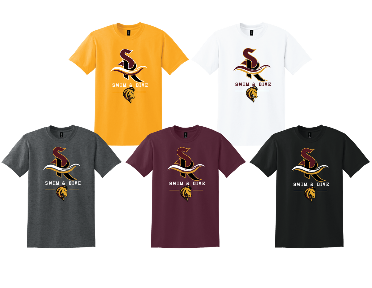 Gildan 50/50 cotton poly t-shirt with Stallion, Swim and Dive logo