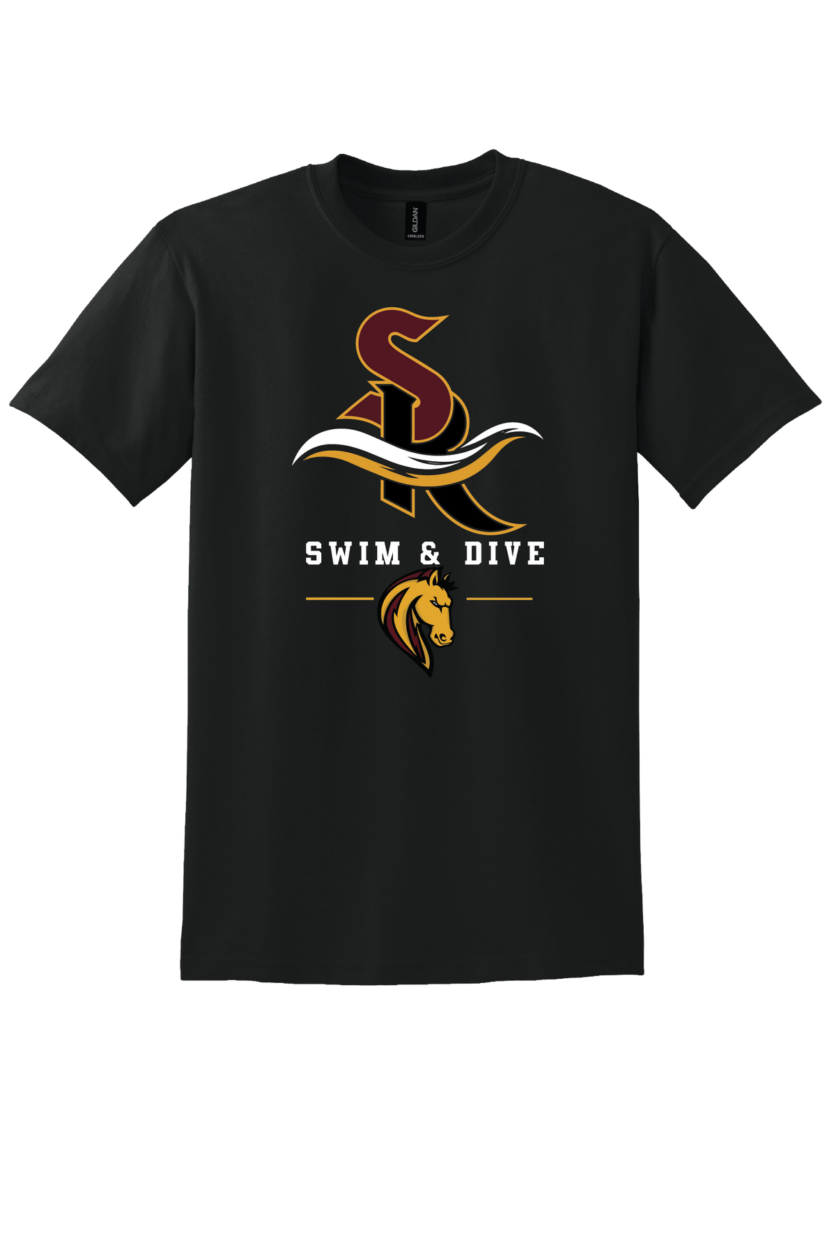 Gildan 50/50 cotton poly t-shirt with Stallion, Swim and Dive logo