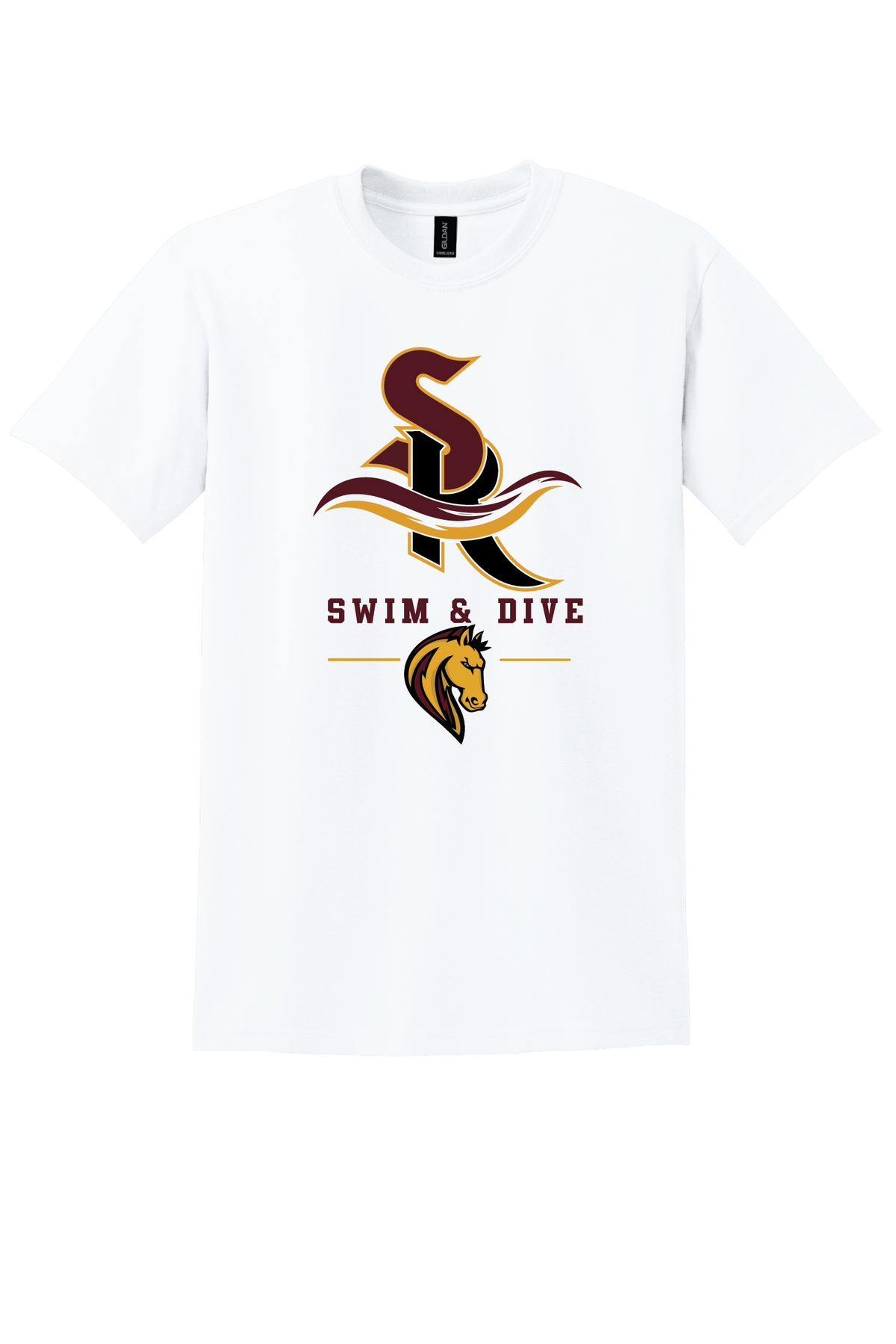 Gildan 50/50 cotton poly t-shirt with Stallion, Swim and Dive logo
