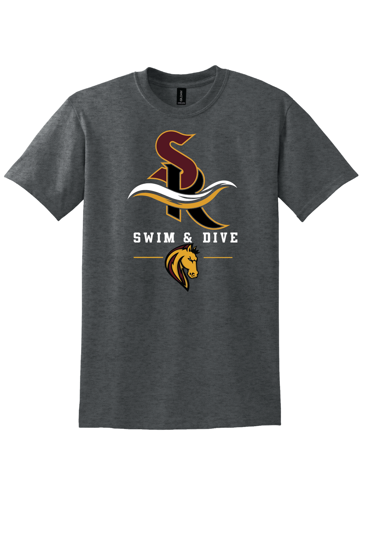 Gildan 50/50 cotton poly t-shirt with Stallion, Swim and Dive logo